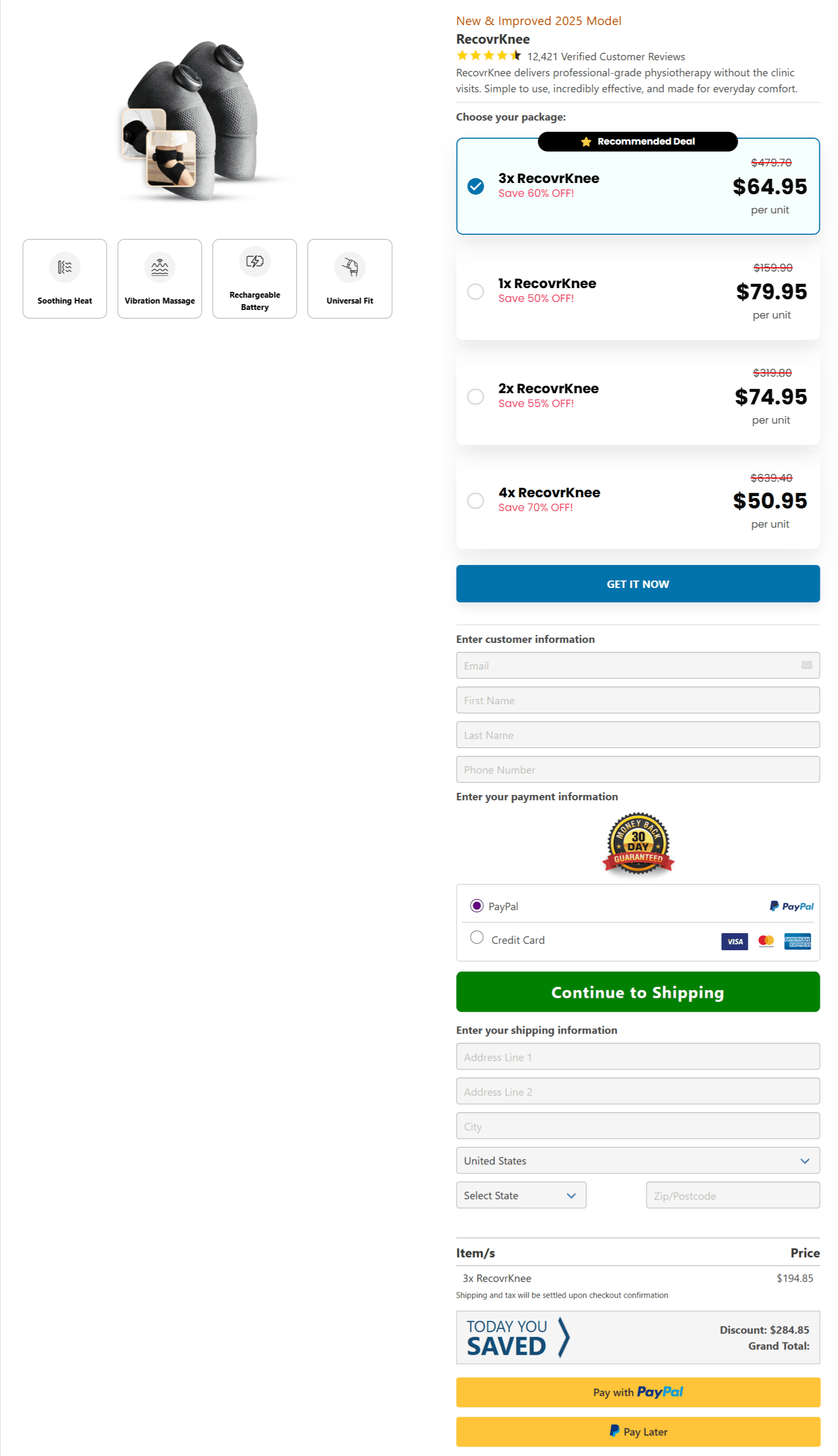 RecovrKnee checkout page